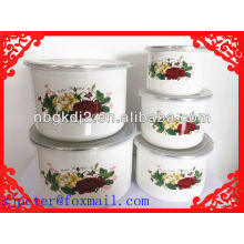 5pcs enamel high storage bowl sets with PP lid &flower decal